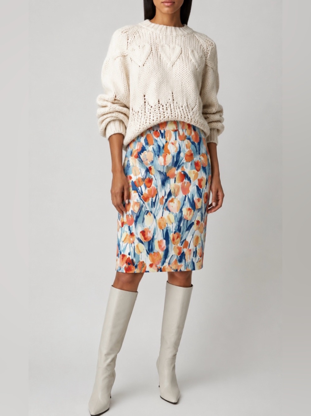 Talbots Tulip Watercolor Pencil Skirt Women 12 Blue Orange Cotton Stretch Floral